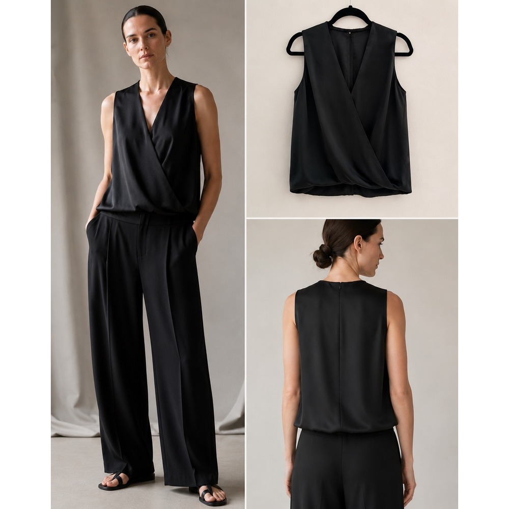 Peter Cohen Silk Wrap Top Womens Small Black Minimalist Sleeveless Deep V-Neck